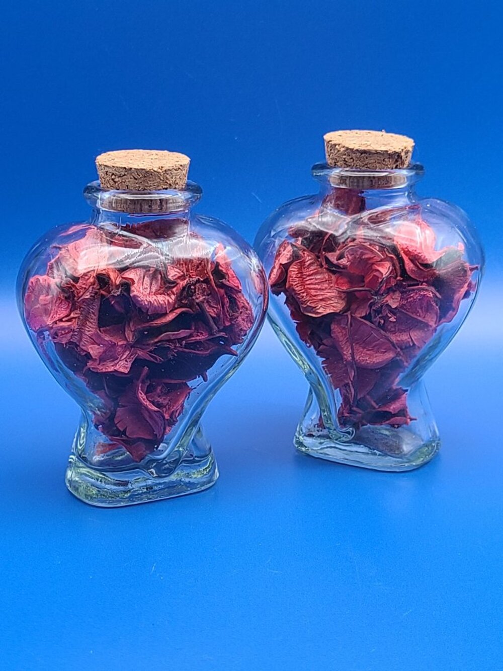 2 Glass Heart Shaped Bottles with Corks and Rose Petal Potpourri 4.5"